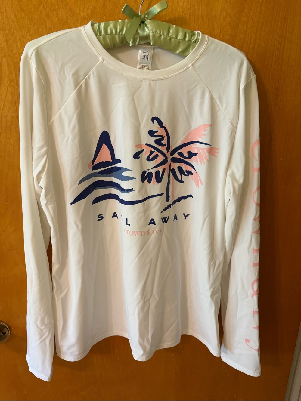crown & ivy White Long Sleeve Skin-Tee with Navy sailing graphic